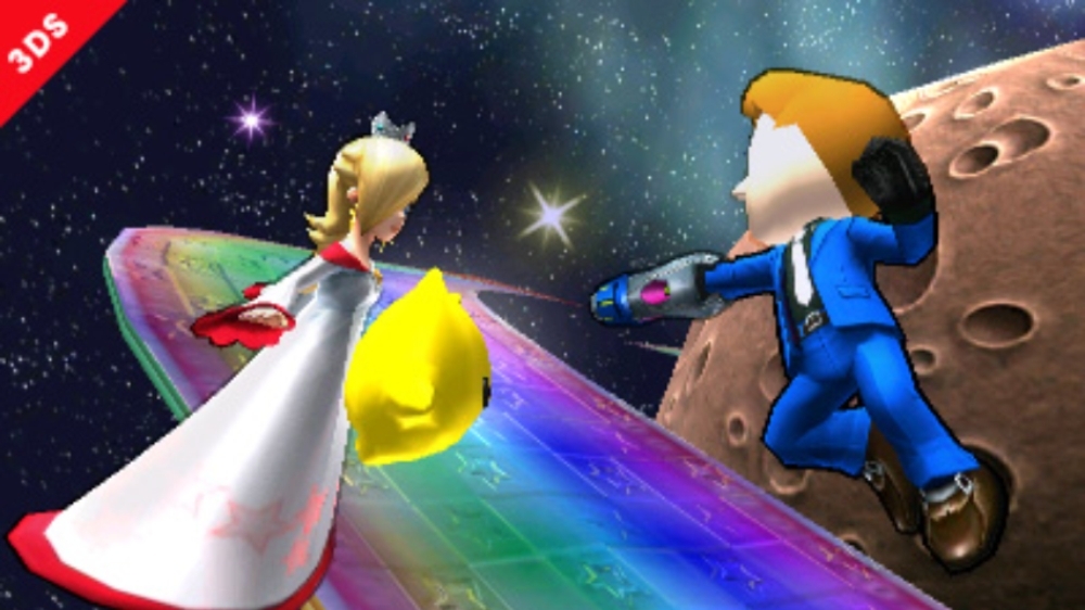 Aquí está Rosalina con un traje con colores diferentes y un Mii Gunner vistiendo un traje. Sakurai menciona que el diseño del cañon cambiará de acuerdo a lo que el Gunner se pone, pero que los ataques y proyectiles siguen siendo lo mismo.