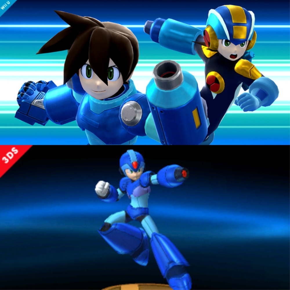 Según sugiere el mismo Sakurai, los personajes Mega Man .EXE (derecha de parte Wii U) y Mega Man Volnutt (izquierda de parte Wii U, aunque se parece más al de Mega Man Legends) podrían ser trofeos.