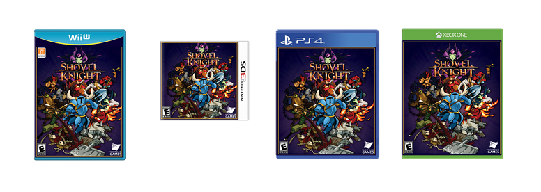 Carátulas para formatos físicos de Shovel Knight para Wii U, Nintendo 3DS, PlayStation 4 y Xbox One